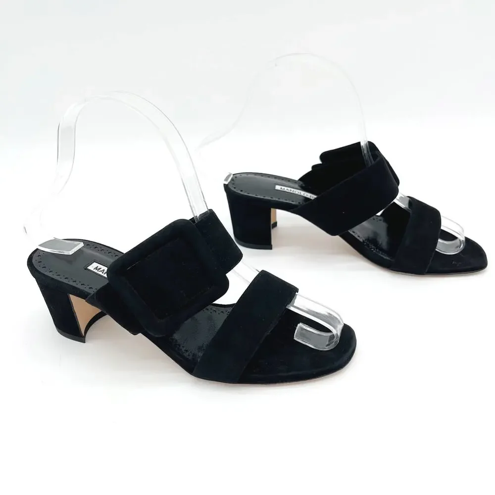 Manolo Blahnik Titubanew Black Suede Open Toe Buckle Mule Sandals Heels IT 36.5